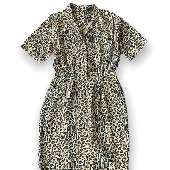 Vintage 80s Silk Animal Leopard Print Button Front Size Medium Shirt Dress - Picture 2 of 12